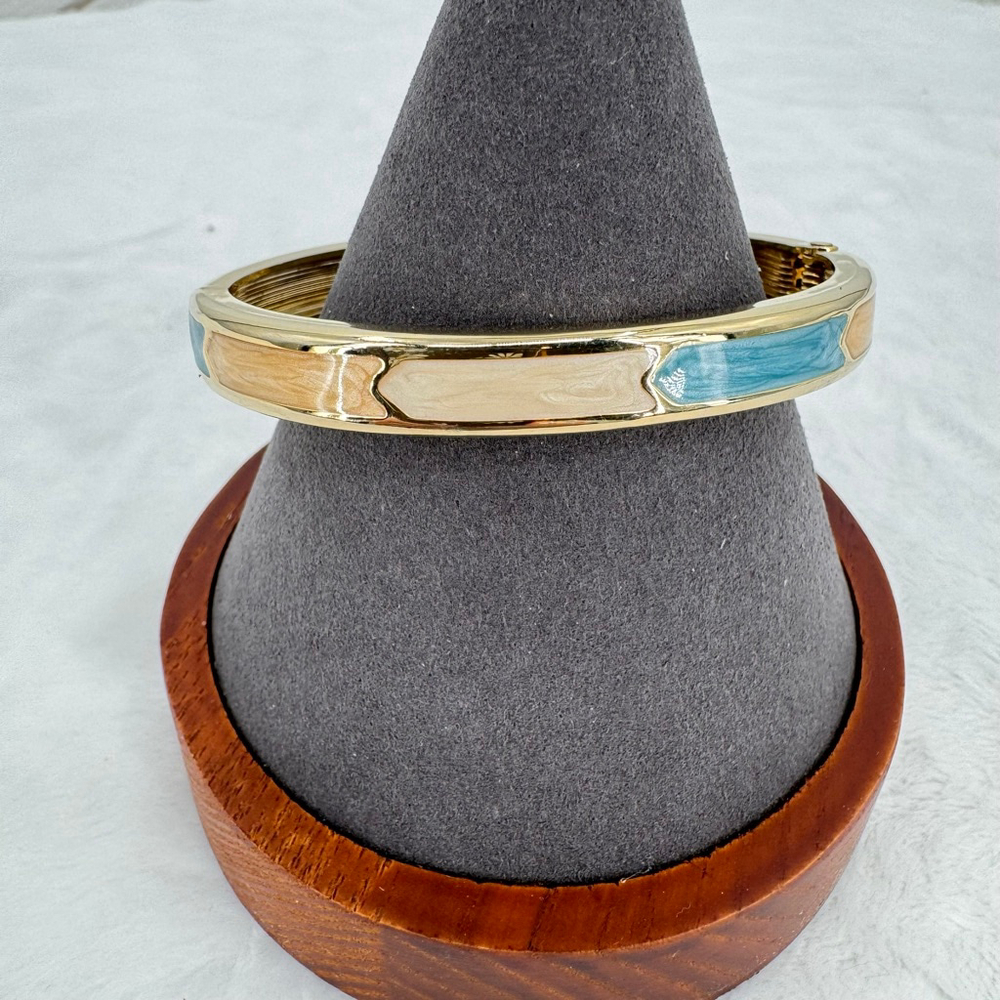 Gold Tone Bangle Bracelet with Blue Tan Ivory Inlaid Enamel